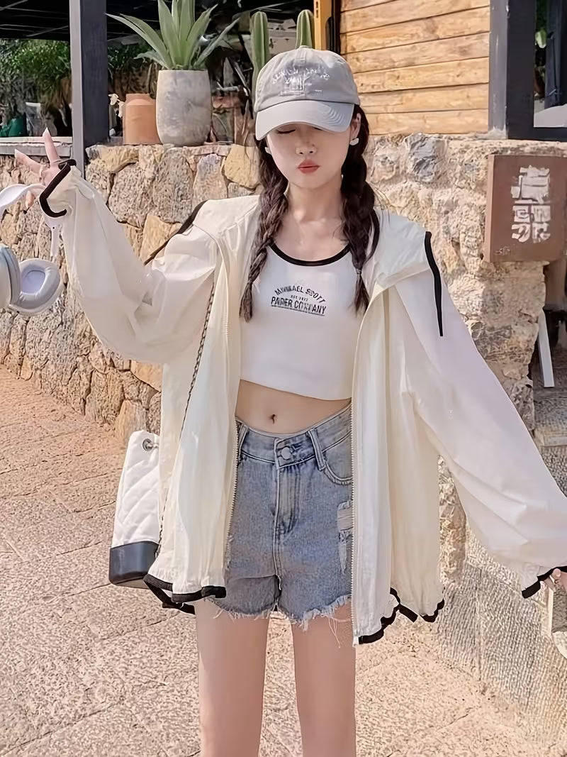 New Fashion Hooded Sunscreen Top Women'S Summer Long Sleeve Thin Jacket Korean Style Loose Breathable Sunscreen Clothing Women