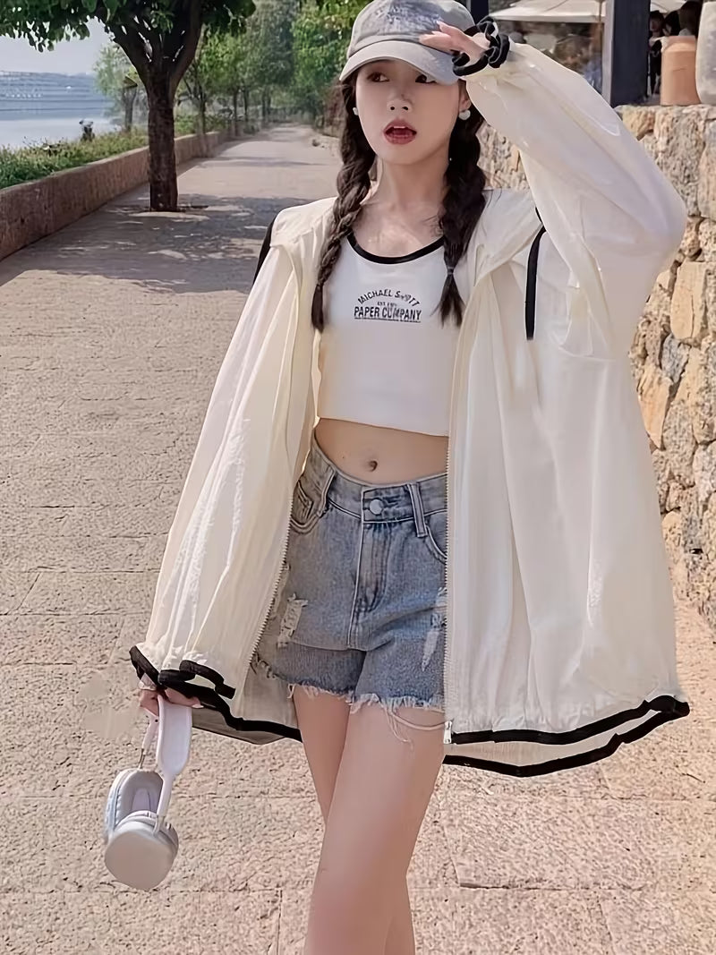 New Fashion Hooded Sunscreen Top Women'S Summer Long Sleeve Thin Jacket Korean Style Loose Breathable Sunscreen Clothing Women