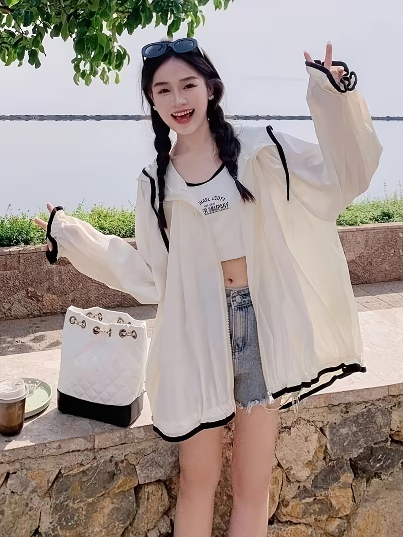 New Fashion Hooded Sunscreen Top Women'S Summer Long Sleeve Thin Jacket Korean Style Loose Breathable Sunscreen Clothing Women