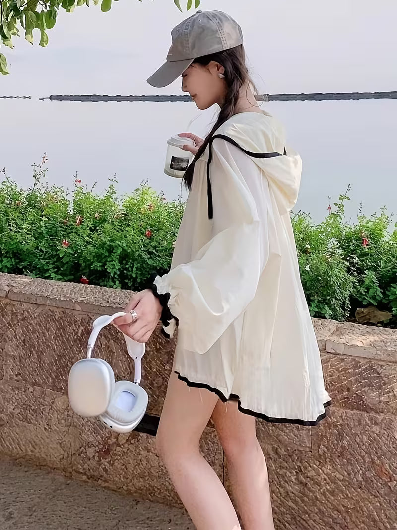 New Fashion Hooded Sunscreen Top Women'S Summer Long Sleeve Thin Jacket Korean Style Loose Breathable Sunscreen Clothing Women