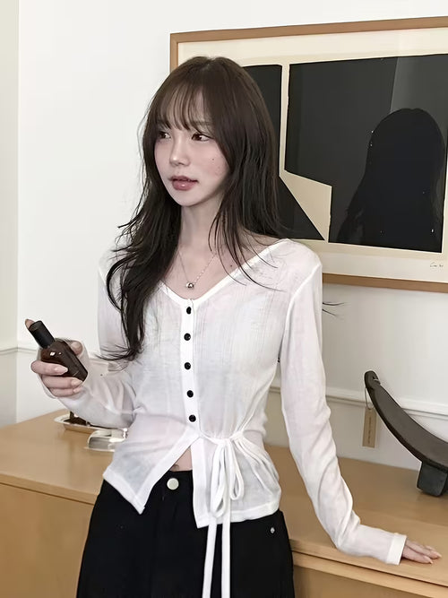 2026 Spring/Summer Lightweight Ribbed Cardigan for Women, V-Neck with Tie-Waist for a, Breathable, and Versatile Top