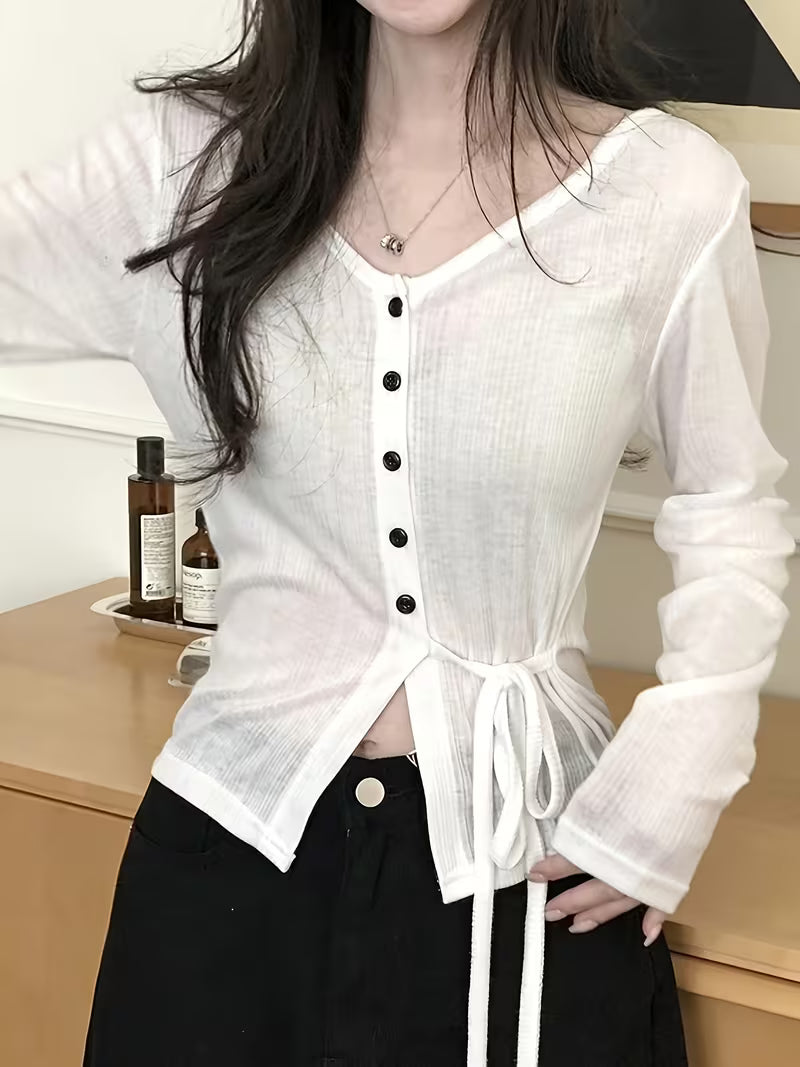 2026 Spring/Summer Lightweight Ribbed Cardigan for Women, V-Neck with Tie-Waist for a, Breathable, and Versatile Top