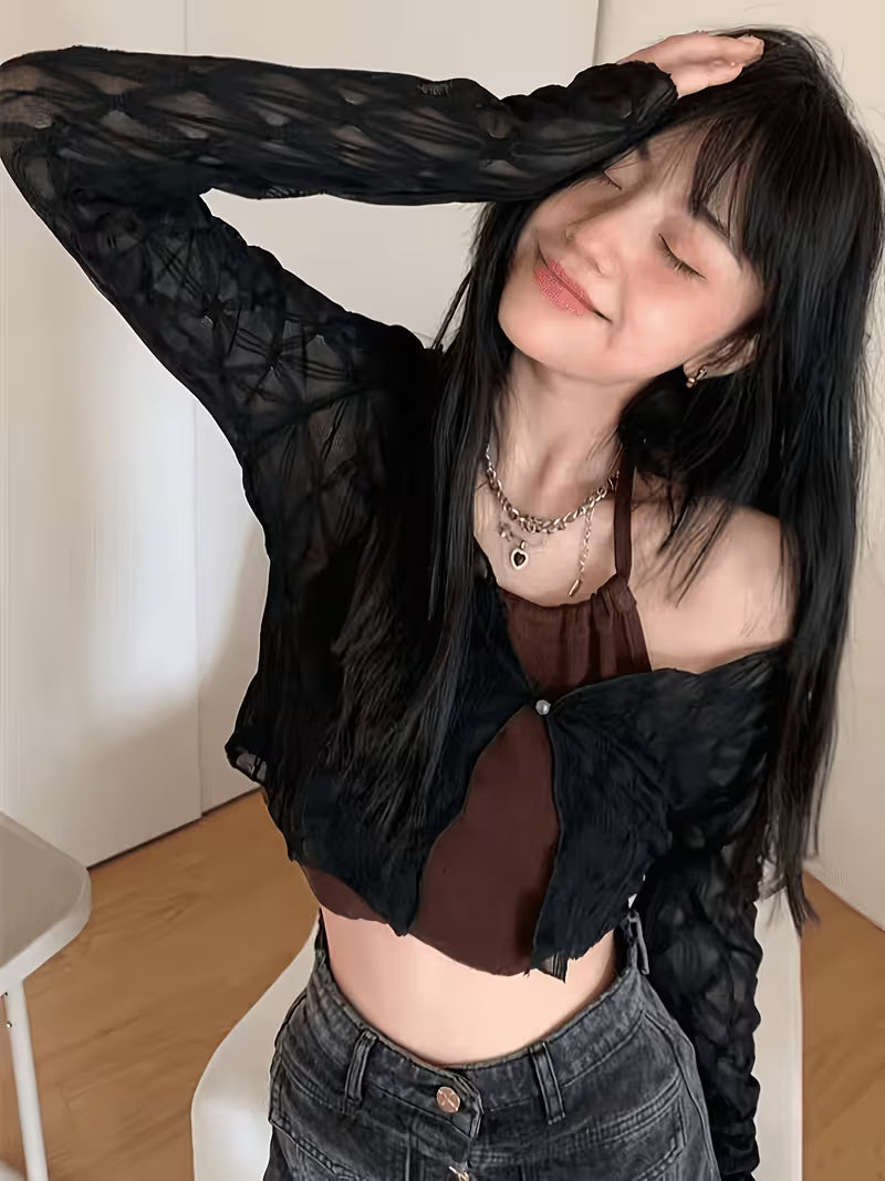 Korean Style Sweet Mesh Cardigan for Women, Summer Thin Lace Crop Top, Sling Outerwear Shawl