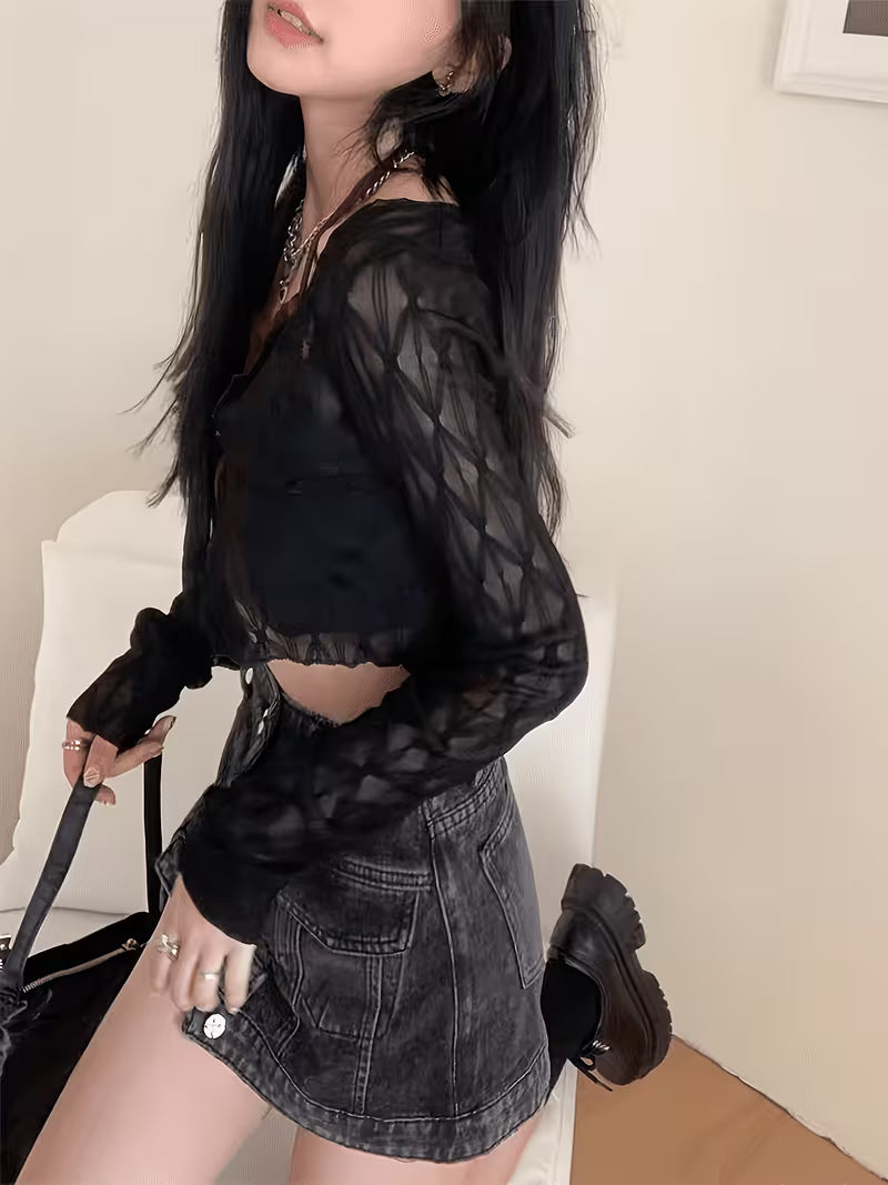 Korean Style Sweet Mesh Cardigan for Women, Summer Thin Lace Crop Top, Sling Outerwear Shawl
