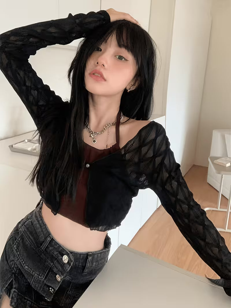 Korean Style Sweet Mesh Cardigan for Women, Summer Thin Lace Crop Top, Sling Outerwear Shawl