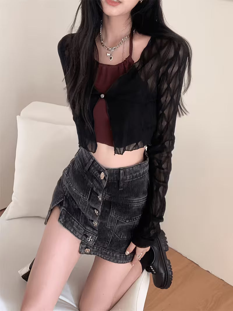 Korean Style Sweet Mesh Cardigan for Women, Summer Thin Lace Crop Top, Sling Outerwear Shawl