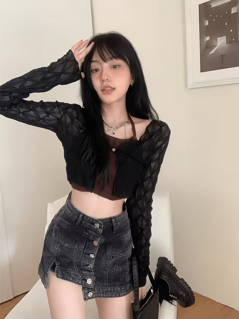 Korean Style Sweet Mesh Cardigan for Women, Summer Thin Lace Crop Top, Sling Outerwear Shawl