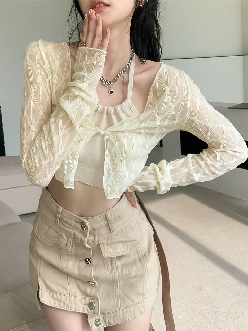 Korean Style Sweet Mesh Cardigan for Women, Summer Thin Lace Crop Top, Sling Outerwear Shawl