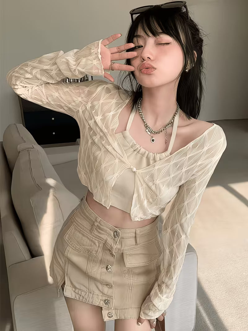 Korean Style Sweet Mesh Cardigan for Women, Summer Thin Lace Crop Top, Sling Outerwear Shawl