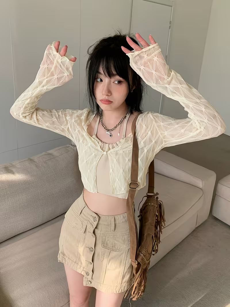 Korean Style Sweet Mesh Cardigan for Women, Summer Thin Lace Crop Top, Sling Outerwear Shawl