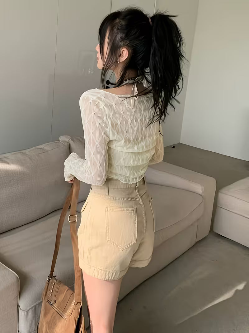 Korean Style Sweet Mesh Cardigan for Women, Summer Thin Lace Crop Top, Sling Outerwear Shawl