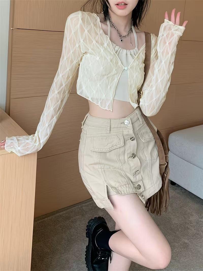 Korean Style Sweet Mesh Cardigan for Women, Summer Thin Lace Crop Top, Sling Outerwear Shawl