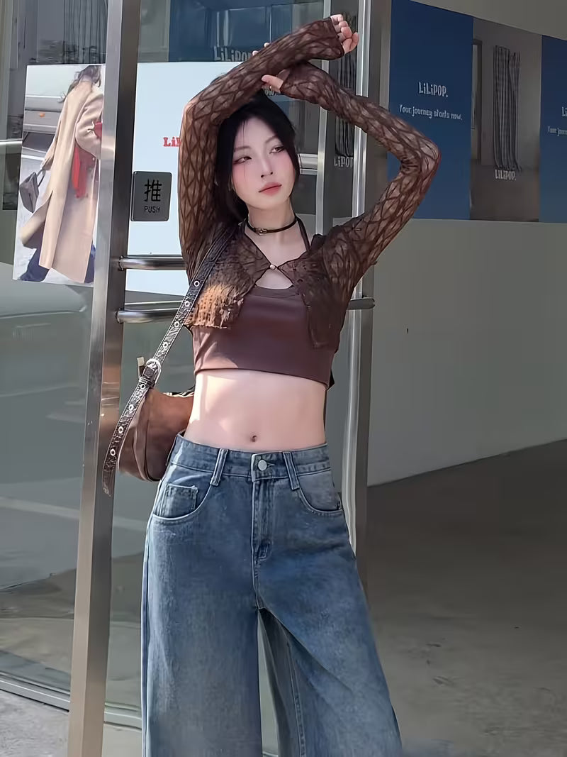 Korean Style Sweet Mesh Cardigan for Women, Summer Thin Lace Crop Top, Sling Outerwear Shawl