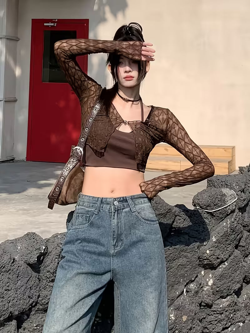 Korean Style Sweet Mesh Cardigan for Women, Summer Thin Lace Crop Top, Sling Outerwear Shawl