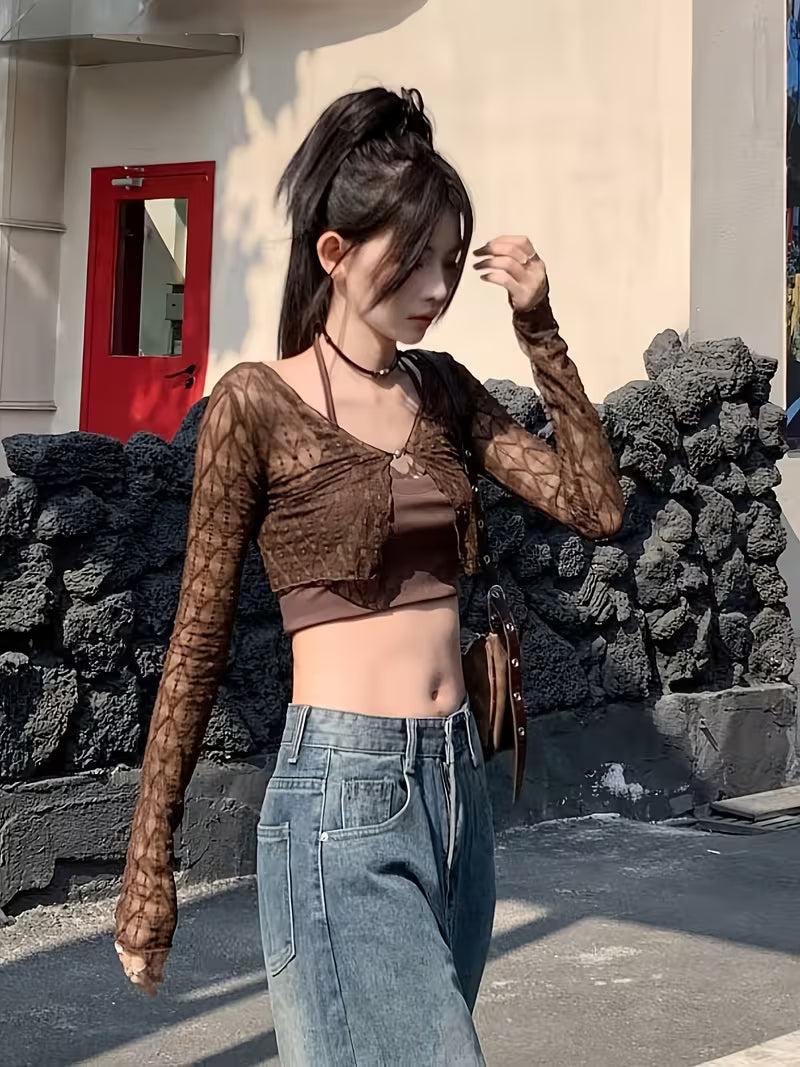 Korean Style Sweet Mesh Cardigan for Women, Summer Thin Lace Crop Top, Sling Outerwear Shawl