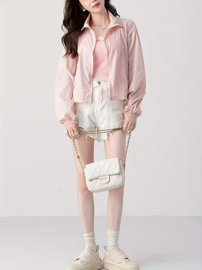 Stand-Up Collar Jacket Korean Style Sunscreen Shirt Women'S Summer New Casual Design Fashion Top Light Thin Clothing
