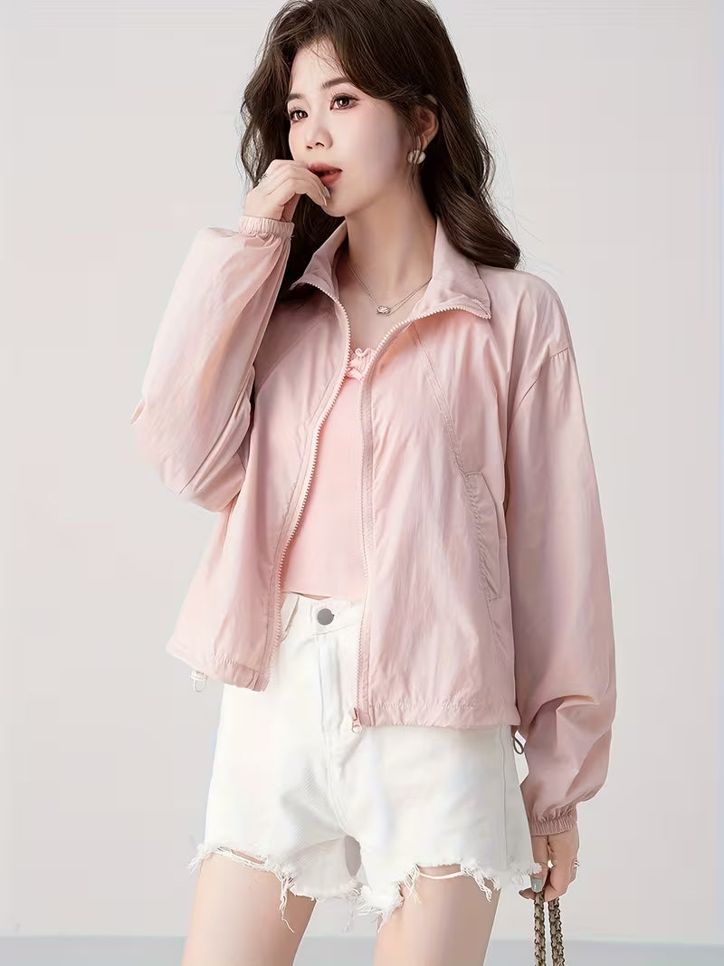 Stand-Up Collar Jacket Korean Style Sunscreen Shirt Women'S Summer New Casual Design Fashion Top Light Thin Clothing