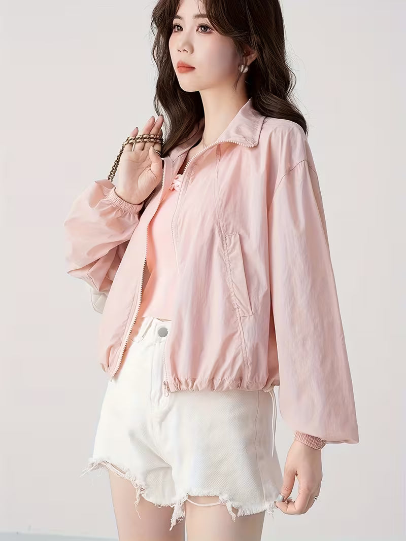 Stand-Up Collar Jacket Korean Style Sunscreen Shirt Women'S Summer New Casual Design Fashion Top Light Thin Clothing
