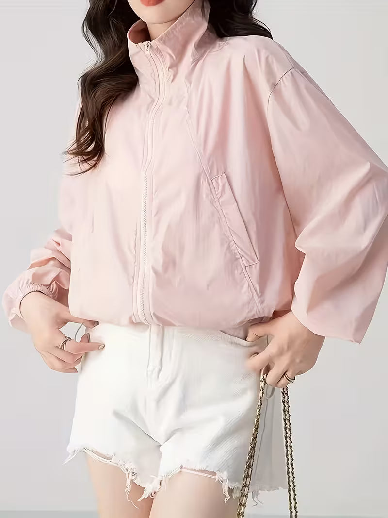 Stand-Up Collar Jacket Korean Style Sunscreen Shirt Women'S Summer New Casual Design Fashion Top Light Thin Clothing