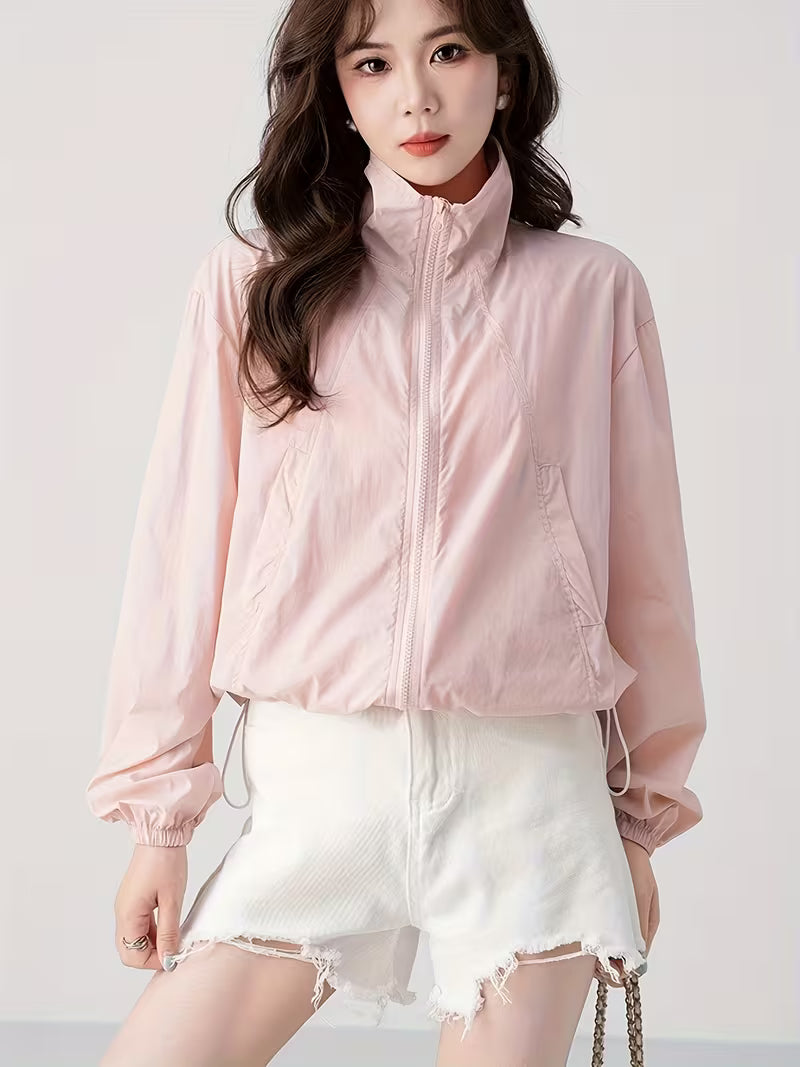 Stand-Up Collar Jacket Korean Style Sunscreen Shirt Women'S Summer New Casual Design Fashion Top Light Thin Clothing