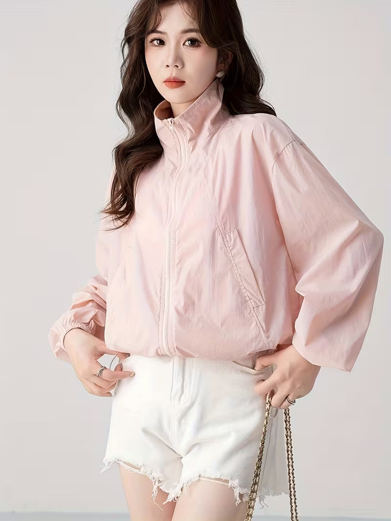 Stand-Up Collar Jacket Korean Style Sunscreen Shirt Women'S Summer New Casual Design Fashion Top Light Thin Clothing