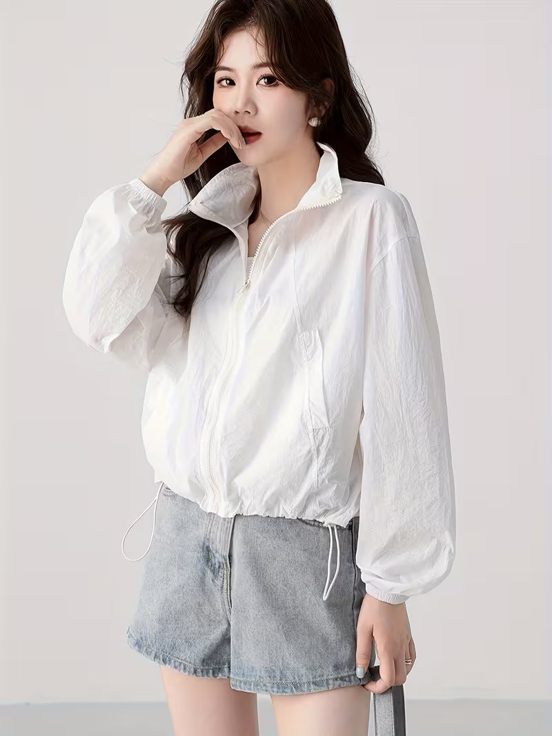 Stand-Up Collar Jacket Korean Style Sunscreen Shirt Women'S Summer New Casual Design Fashion Top Light Thin Clothing