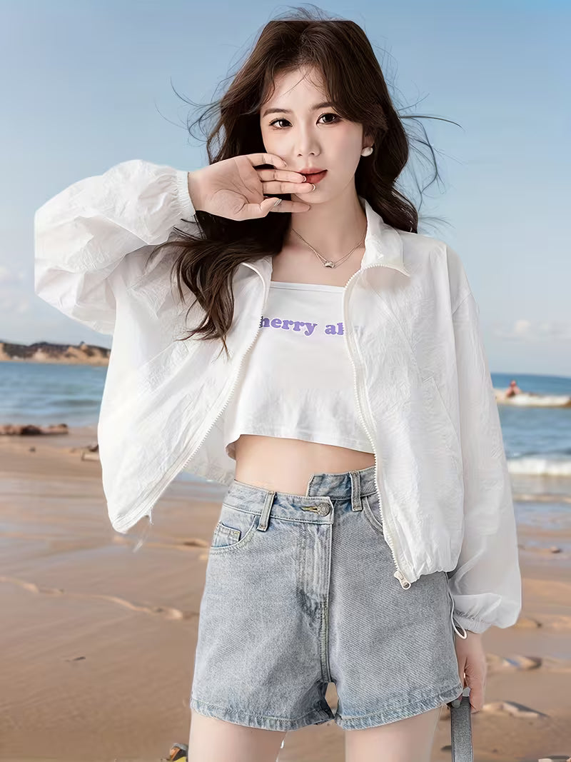 Stand-Up Collar Jacket Korean Style Sunscreen Shirt Women'S Summer New Casual Design Fashion Top Light Thin Clothing