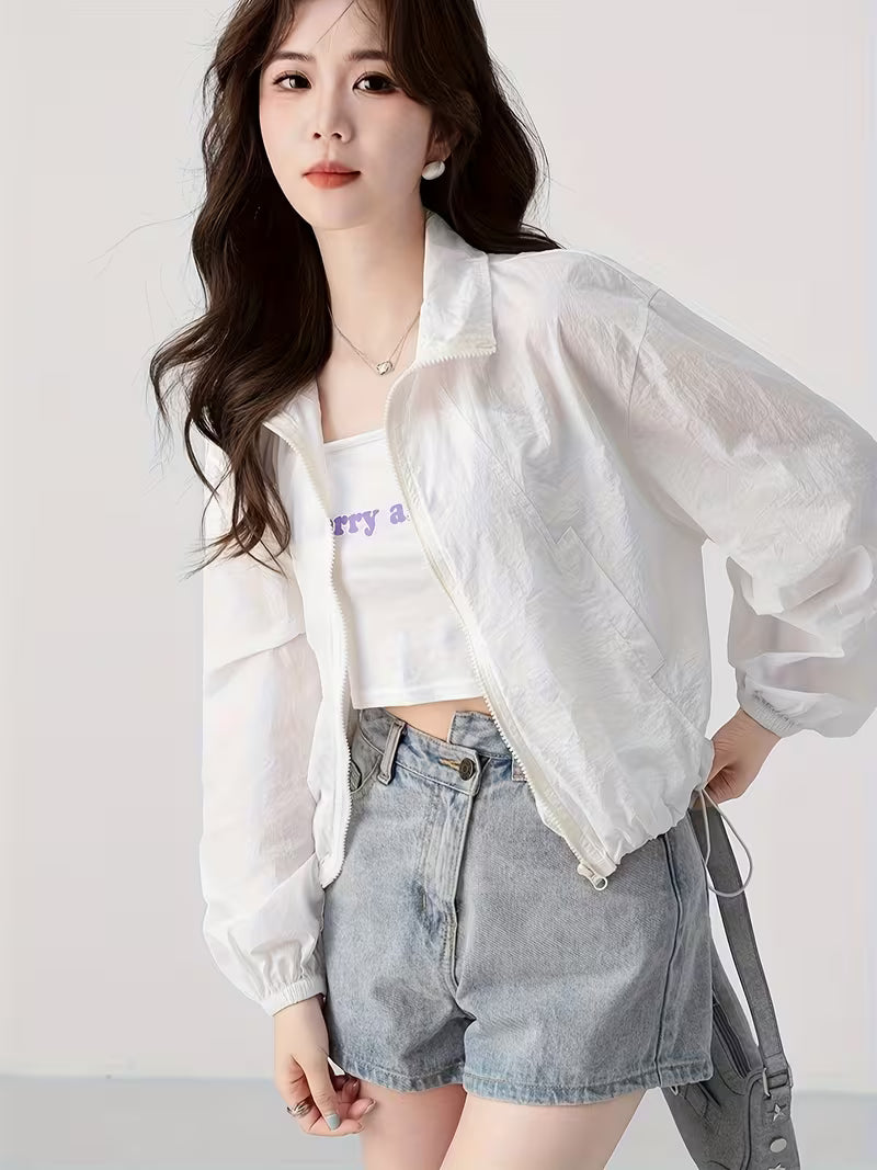 Stand-Up Collar Jacket Korean Style Sunscreen Shirt Women'S Summer New Casual Design Fashion Top Light Thin Clothing