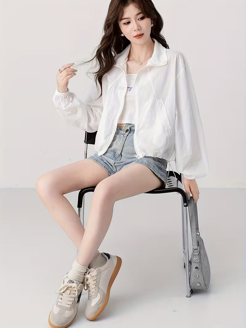 Stand-Up Collar Jacket Korean Style Sunscreen Shirt Women'S Summer New Casual Design Fashion Top Light Thin Clothing