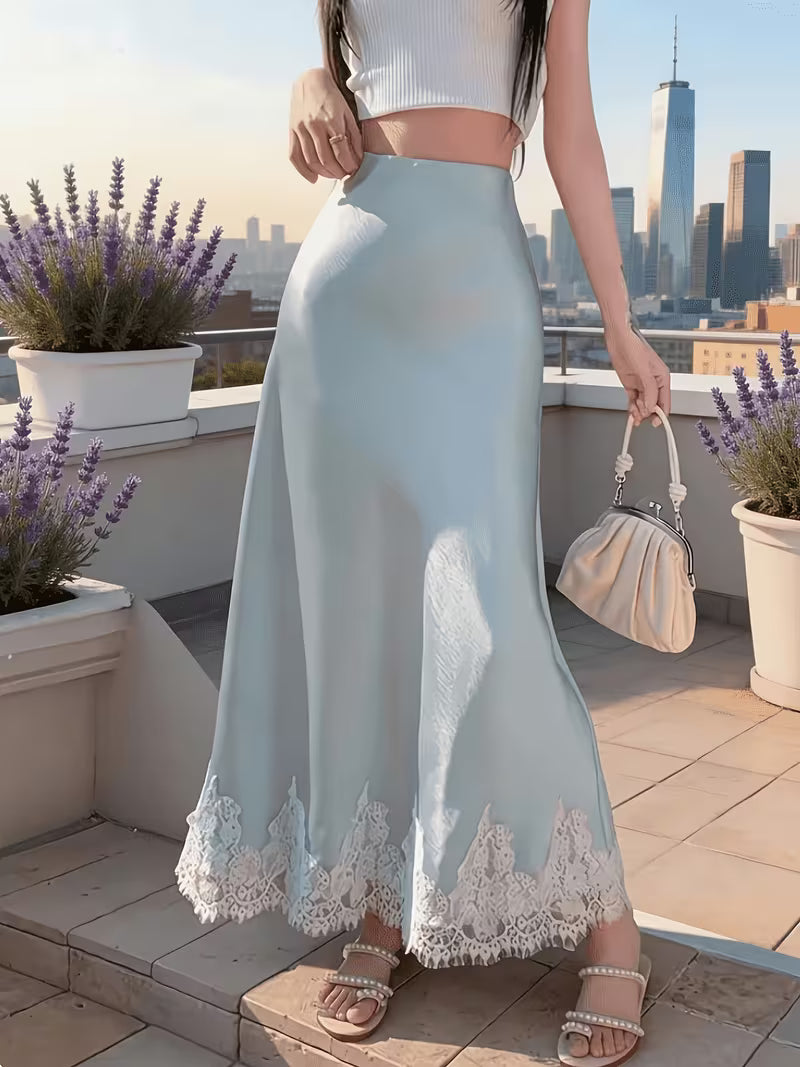 Women's Elegant Satin Mermaid Dress with Lace Patchwork Tail & A-Line Silhouette