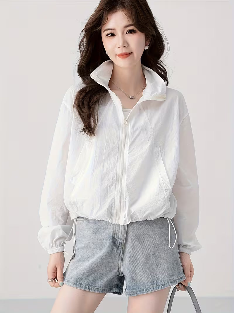Stand-Up Collar Jacket Korean Style Sunscreen Shirt Women'S Summer New Casual Design Fashion Top Light Thin Clothing