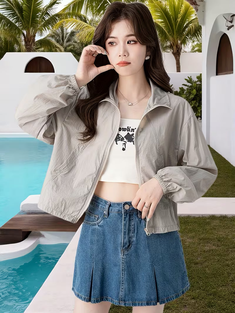 Stand-Up Collar Jacket Korean Style Sunscreen Shirt Women'S Summer New Casual Design Fashion Top Light Thin Clothing