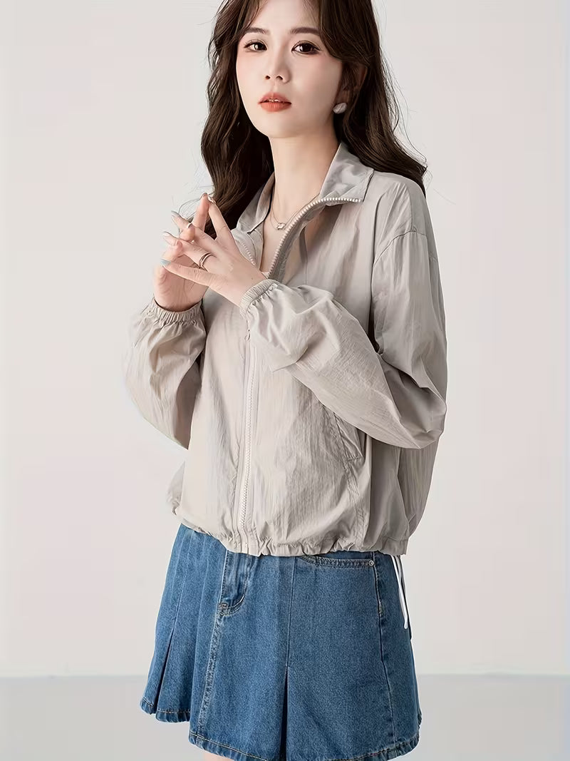 Stand-Up Collar Jacket Korean Style Sunscreen Shirt Women'S Summer New Casual Design Fashion Top Light Thin Clothing