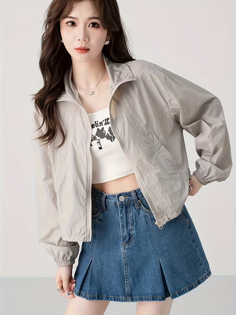 Stand-Up Collar Jacket Korean Style Sunscreen Shirt Women'S Summer New Casual Design Fashion Top Light Thin Clothing