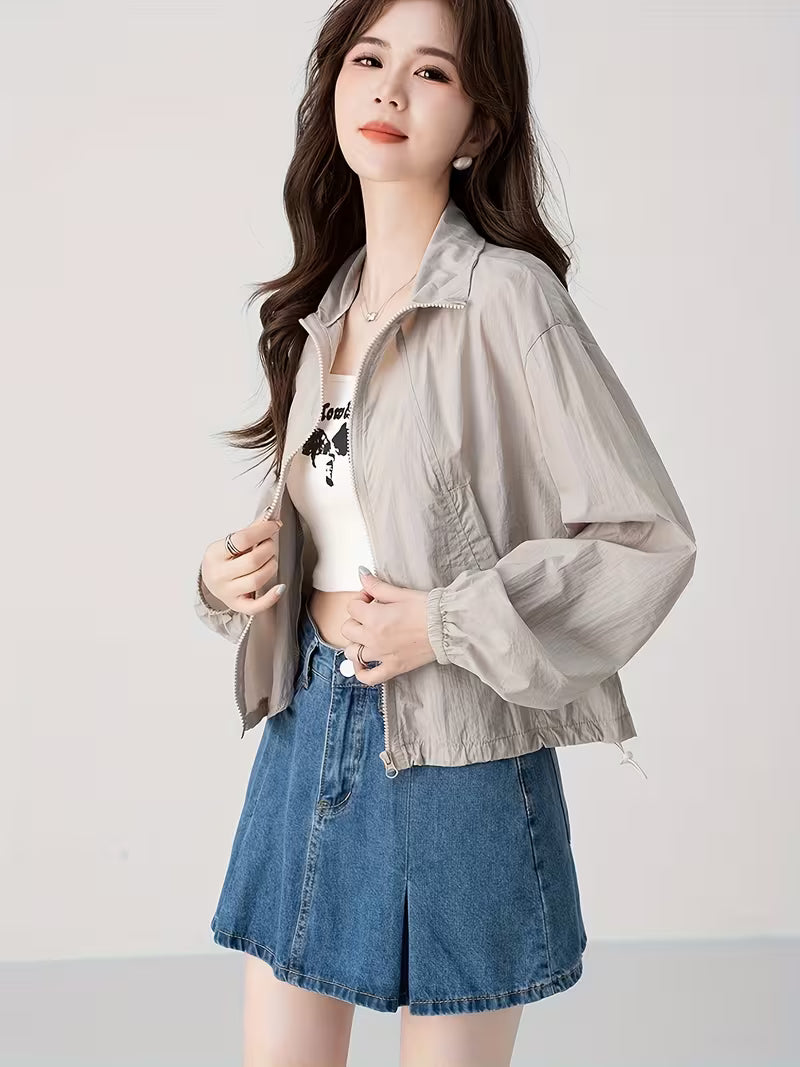 Stand-Up Collar Jacket Korean Style Sunscreen Shirt Women'S Summer New Casual Design Fashion Top Light Thin Clothing