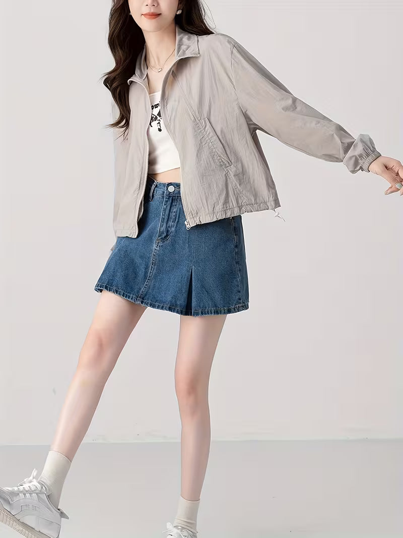 Stand-Up Collar Jacket Korean Style Sunscreen Shirt Women'S Summer New Casual Design Fashion Top Light Thin Clothing