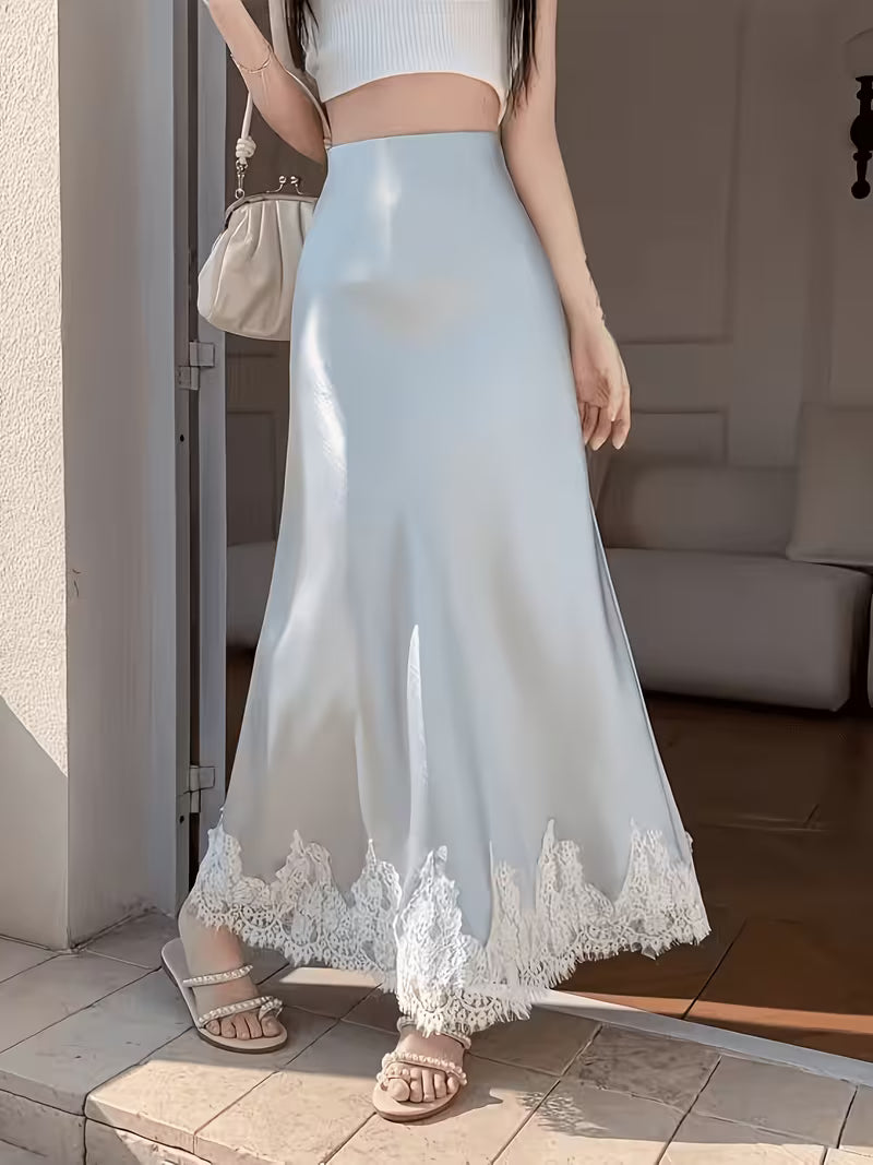 Women's Elegant Satin Mermaid Dress with Lace Patchwork Tail & A-Line Silhouette