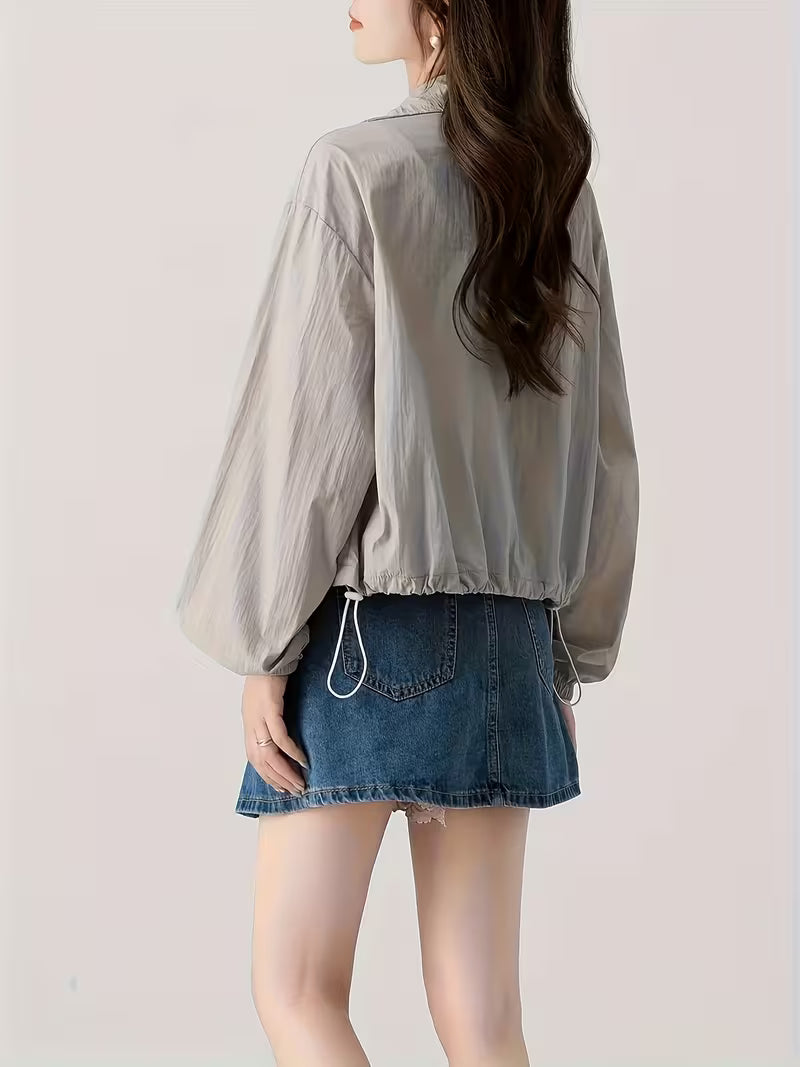 Stand-Up Collar Jacket Korean Style Sunscreen Shirt Women'S Summer New Casual Design Fashion Top Light Thin Clothing
