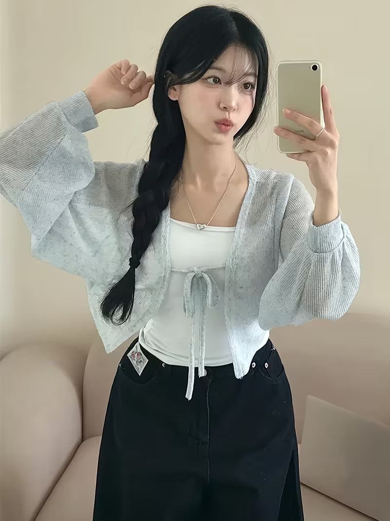 2026 Spring Summer New Tie-Neck V-Neck Cardigan, Loose Thin Breathable Commute Beach Home All-Match Outerwear Top