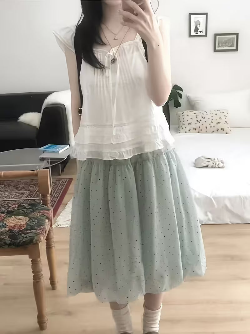 Polka Dot Loose-Fit Elastic Waist Bud Skirt, Korean Style Trendy Cute All-Season Wear, Midi Skirt