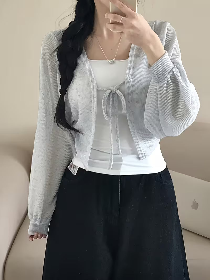 2026 Spring Summer New Tie-Neck V-Neck Cardigan, Loose Thin Breathable Commute Beach Home All-Match Outerwear Top
