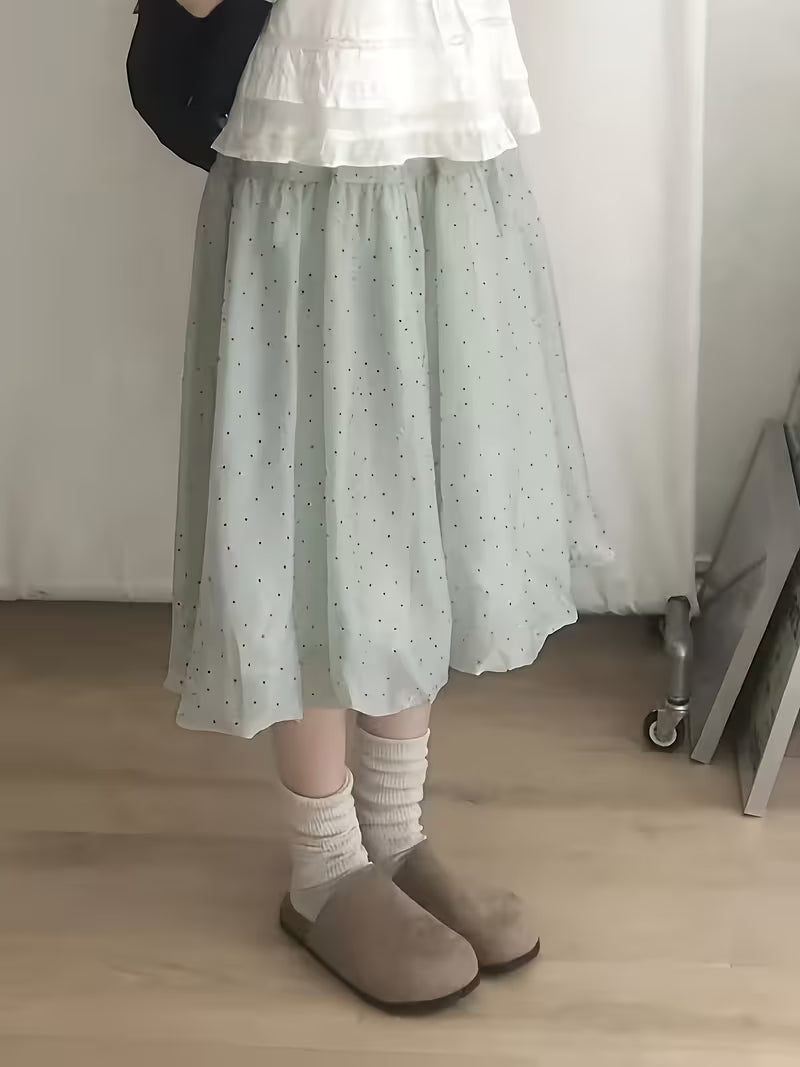 Polka Dot Loose-Fit Elastic Waist Bud Skirt, Korean Style Trendy Cute All-Season Wear, Midi Skirt