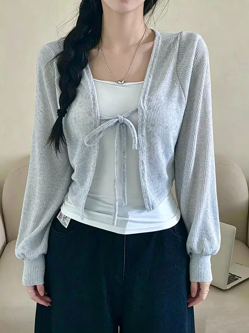 2026 Spring Summer New Tie-Neck V-Neck Cardigan, Loose Thin Breathable Commute Beach Home All-Match Outerwear Top