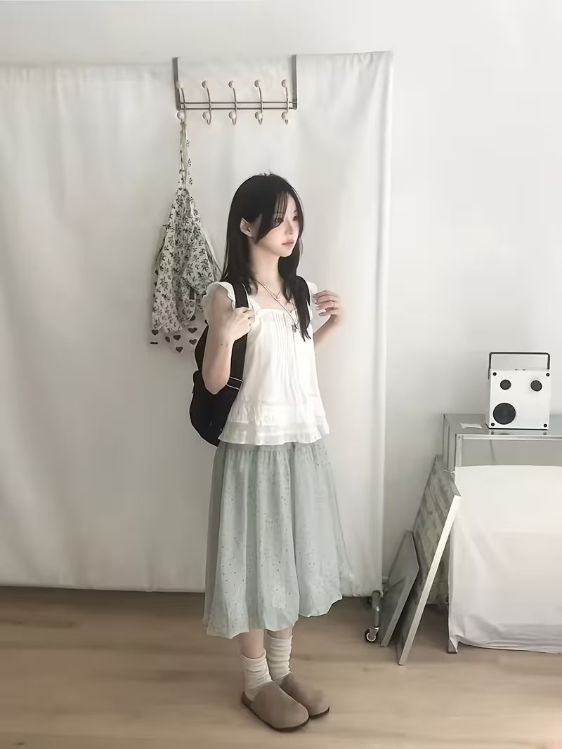 Polka Dot Loose-Fit Elastic Waist Bud Skirt, Korean Style Trendy Cute All-Season Wear, Midi Skirt