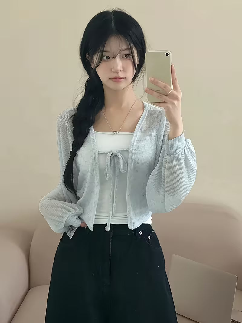 2026 Spring Summer New Tie-Neck V-Neck Cardigan, Loose Thin Breathable Commute Beach Home All-Match Outerwear Top
