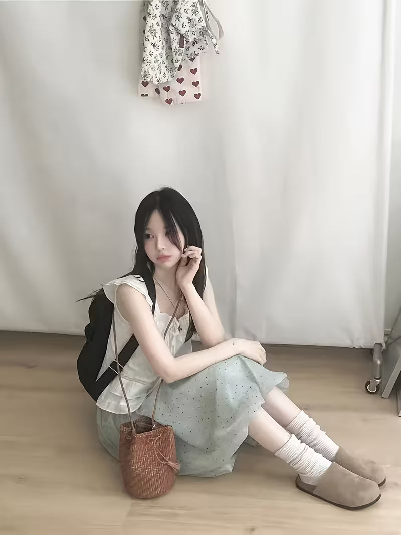 Polka Dot Loose-Fit Elastic Waist Bud Skirt, Korean Style Trendy Cute All-Season Wear, Midi Skirt