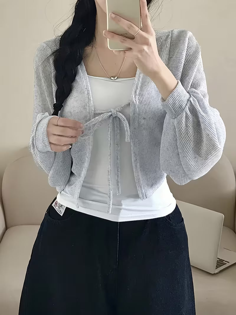 2026 Spring Summer New Tie-Neck V-Neck Cardigan, Loose Thin Breathable Commute Beach Home All-Match Outerwear Top