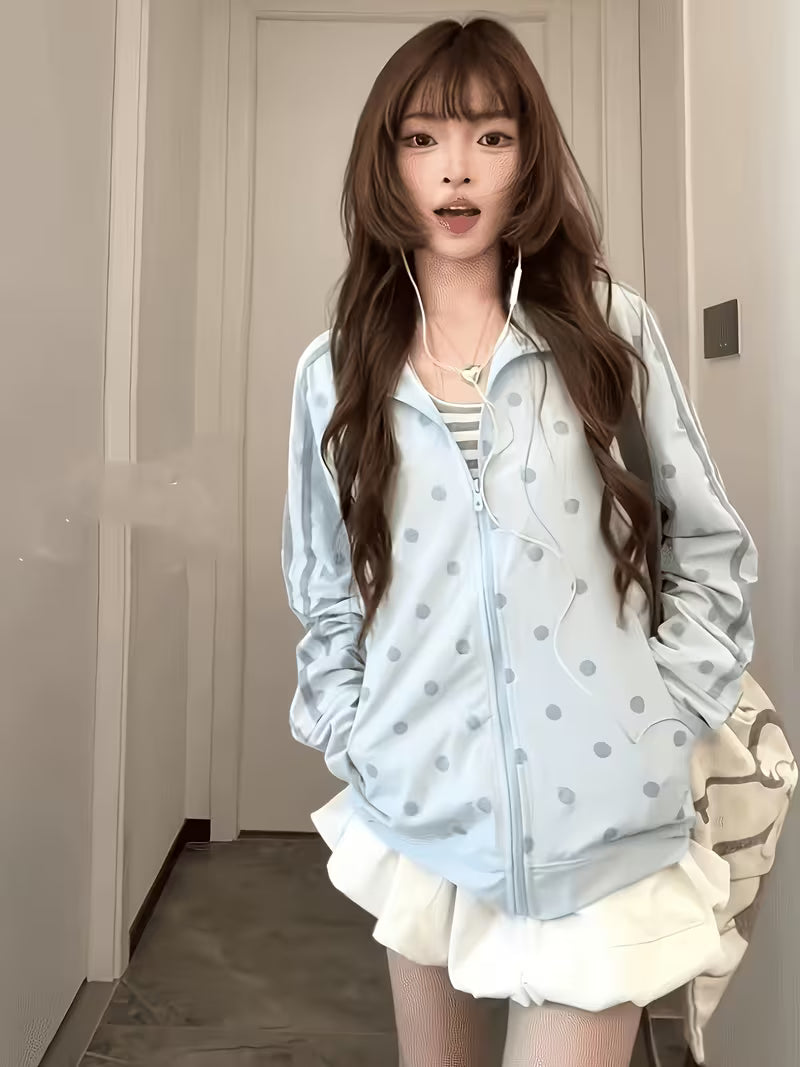 1pc Light Blue Polka Dot Stand Collar Zipper Jacket for Women, Loose Drop Shoulder Lazy Style Casual S Cardigan, Lightweight Breathable Sun