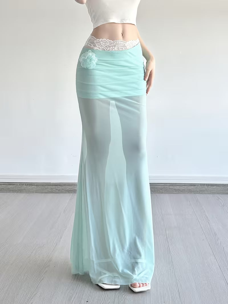 SassyGals French-Style Vacation Lace Patchwork Three-Dimensional Rose Mesh Women's Skirt, Spring/Summer Slim Fit Flattering Hot Long Dress, Women's Mermaid Skirt