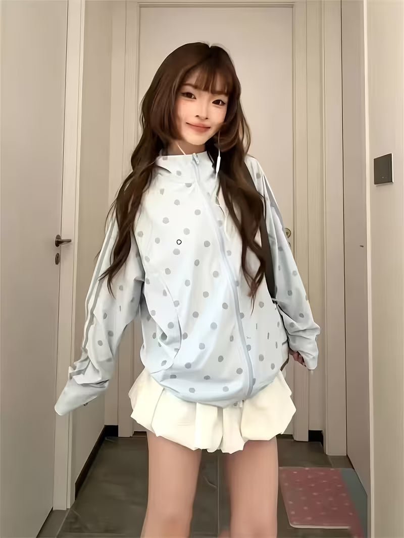 1pc Light Blue Polka Dot Stand Collar Zipper Jacket for Women, Loose Drop Shoulder Lazy Style Casual S Cardigan, Lightweight Breathable Sun